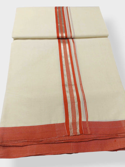 Balaramapuram Handloom Double Mundu Pure Cotton with Orange Border