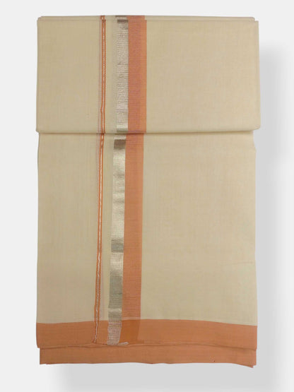 Balaramapuram Handloom Double Mundu Pure Cotton with Light Peach Border