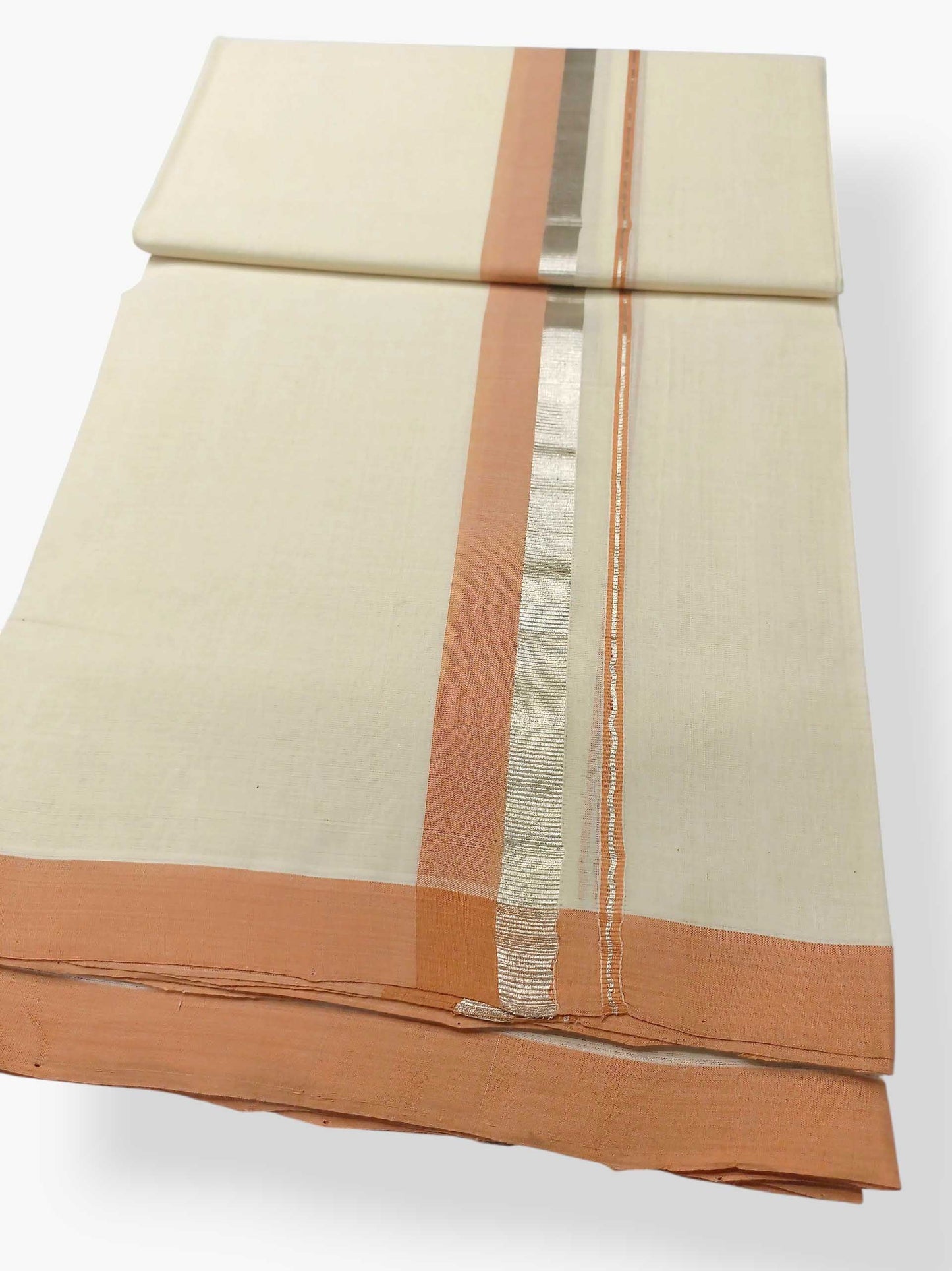 Balaramapuram Handloom Double Mundu Pure Cotton with Light Peach Border