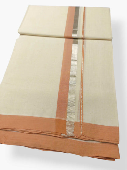 Balaramapuram Handloom Double Mundu Pure Cotton with Light Peach Border