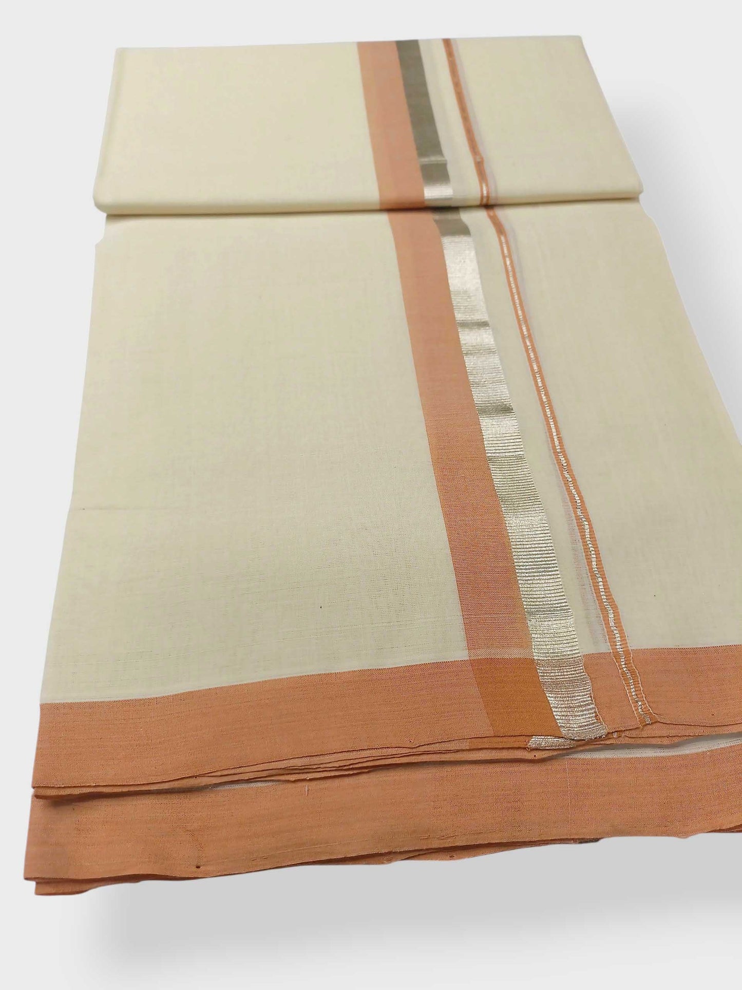 Balaramapuram Handloom Double Mundu Pure Cotton with Light Peach Border
