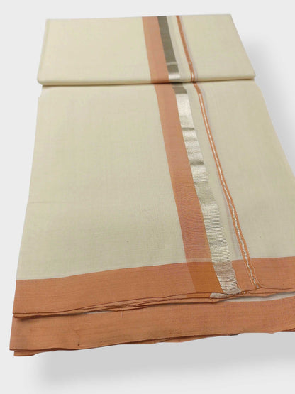Balaramapuram Handloom Double Mundu Pure Cotton with Light Peach Border