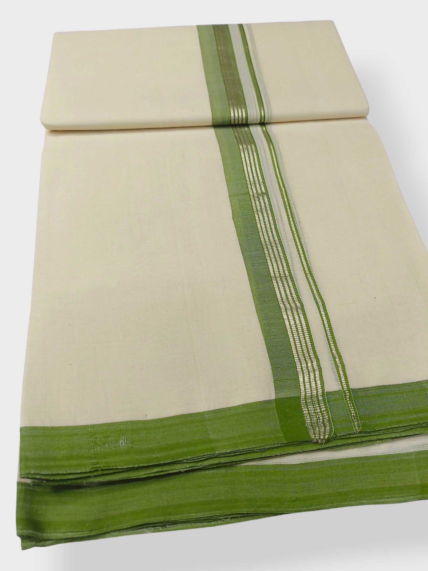 Balaramapuram Handloom Double Mundu Pure Cotton with Green Design