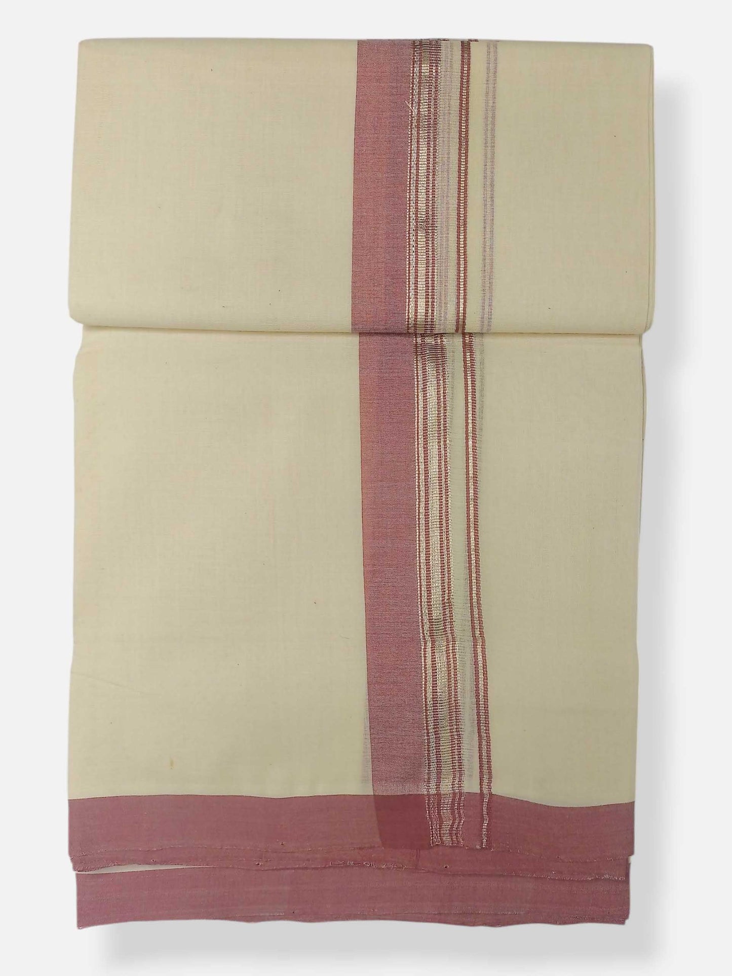 Balaramapuram Handloom Double Mundu Pure Cotton with Dark Rose Design