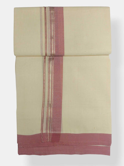 Balaramapuram Handloom Double Mundu Pure Cotton with Dark Rose Design