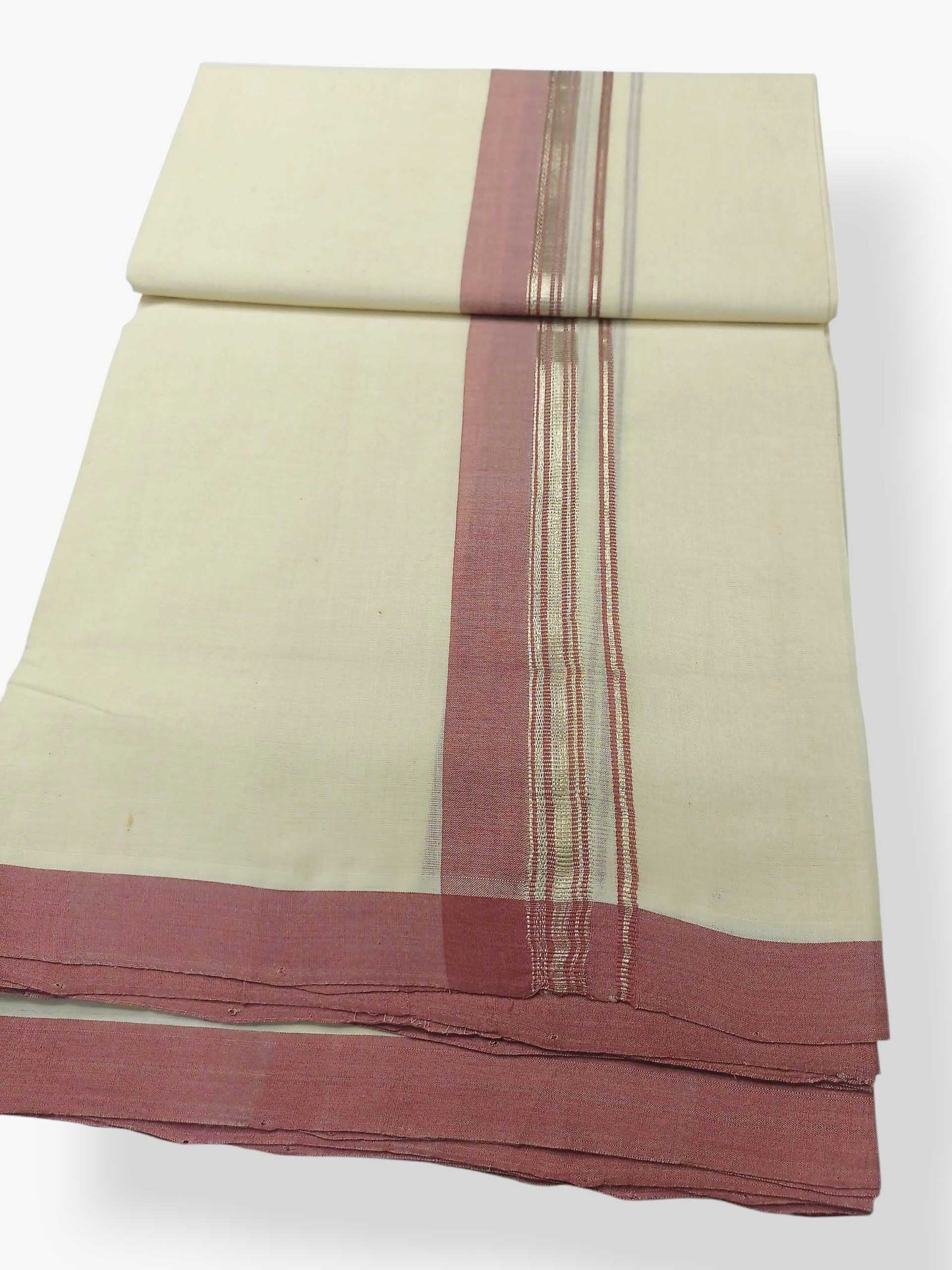Balaramapuram Handloom Double Mundu Pure Cotton with Dark Rose Design