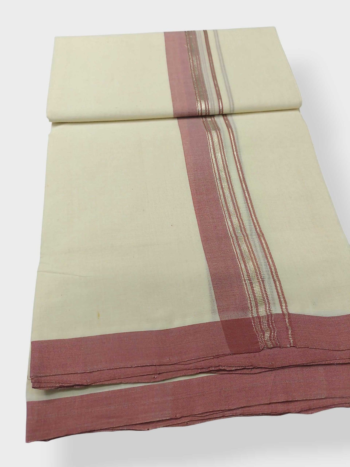 Balaramapuram Handloom Double Mundu Pure Cotton with Dark Rose Design