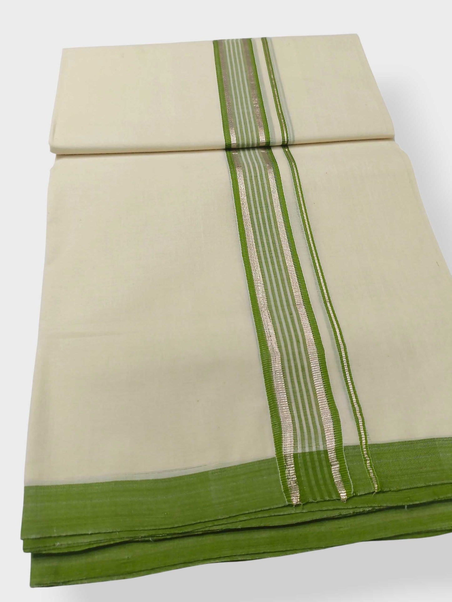 Balaramapuram Handloom Double Mundu Pure Cotton with Green Design