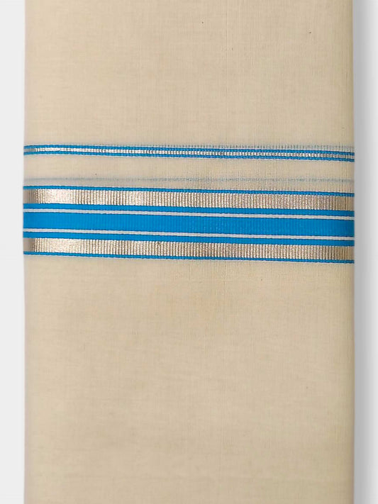 Balaramapuram Handloom Double Mundu Pure Cotton with SkyBlue Border