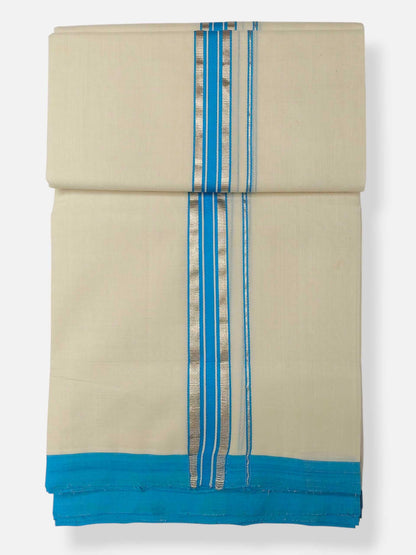 Balaramapuram Handloom Double Mundu Pure Cotton with SkyBlue Border