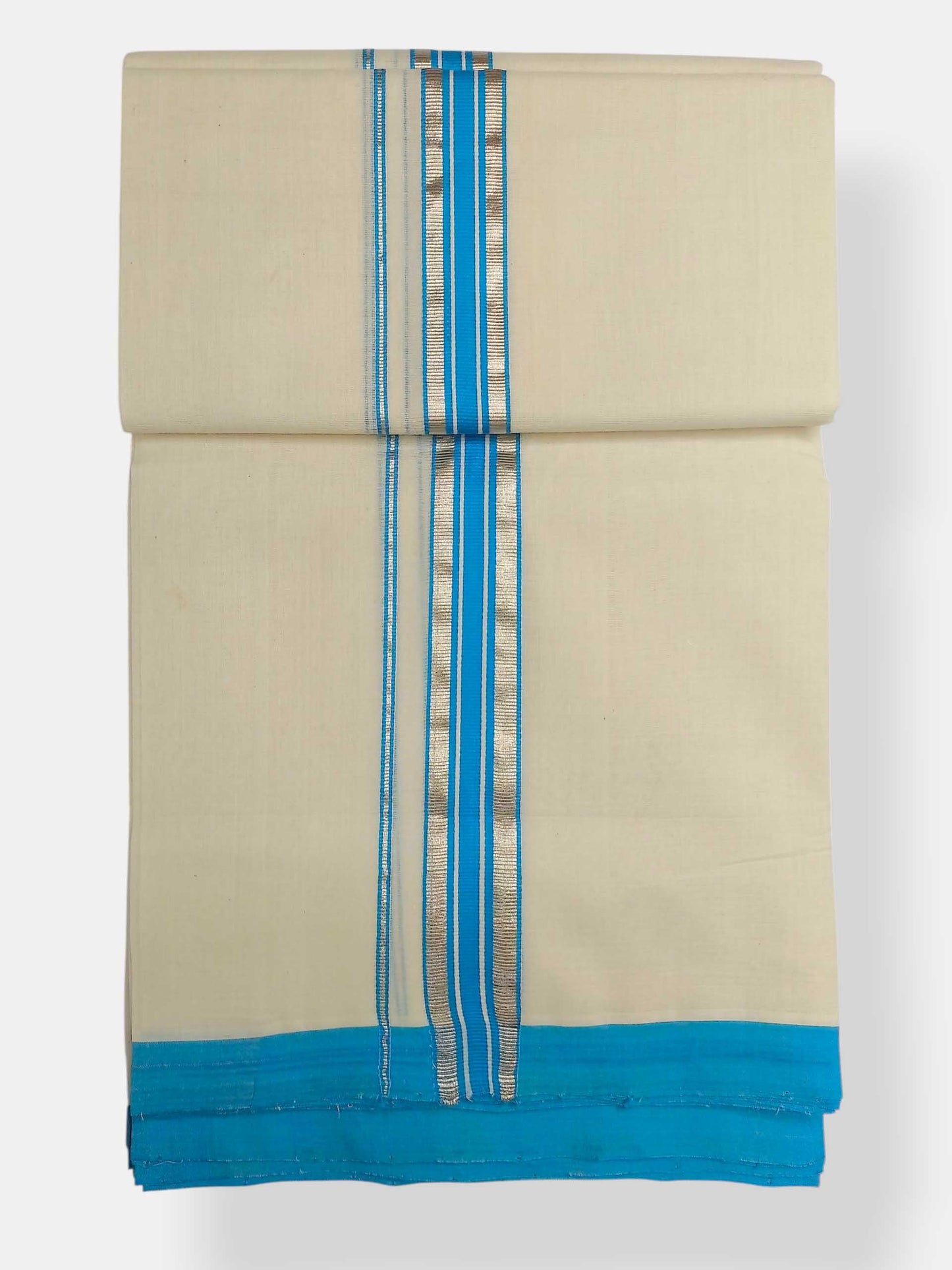 Balaramapuram Handloom Double Mundu Pure Cotton with SkyBlue Border