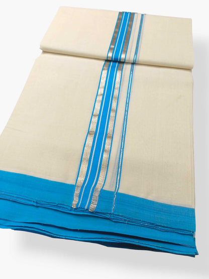 Balaramapuram Handloom Double Mundu Pure Cotton with SkyBlue Border