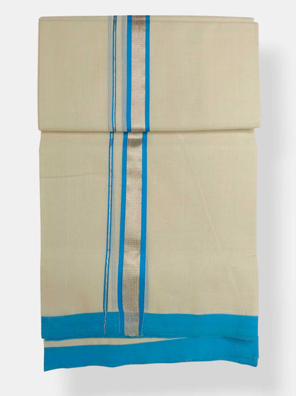 Balaramapuram Handloom Double Mundu Pure Cotton with SkyBlue Border