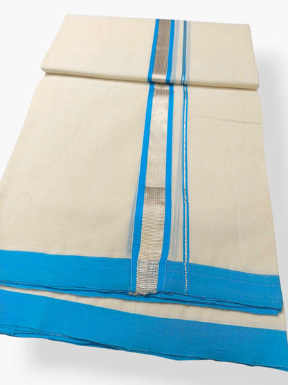 Balaramapuram Handloom Double Mundu Pure Cotton with SkyBlue Border