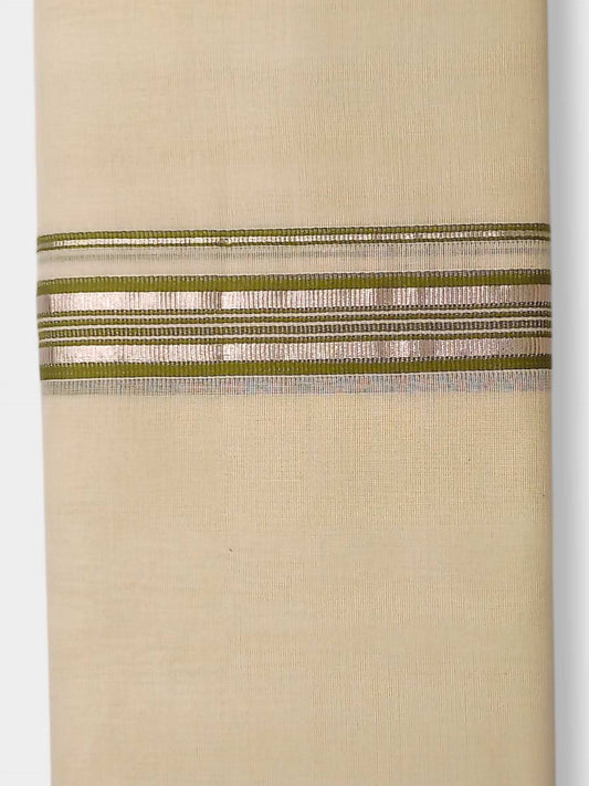 Balaramapuram Handloom Double Mundu Pure Cotton with Olive Green Border