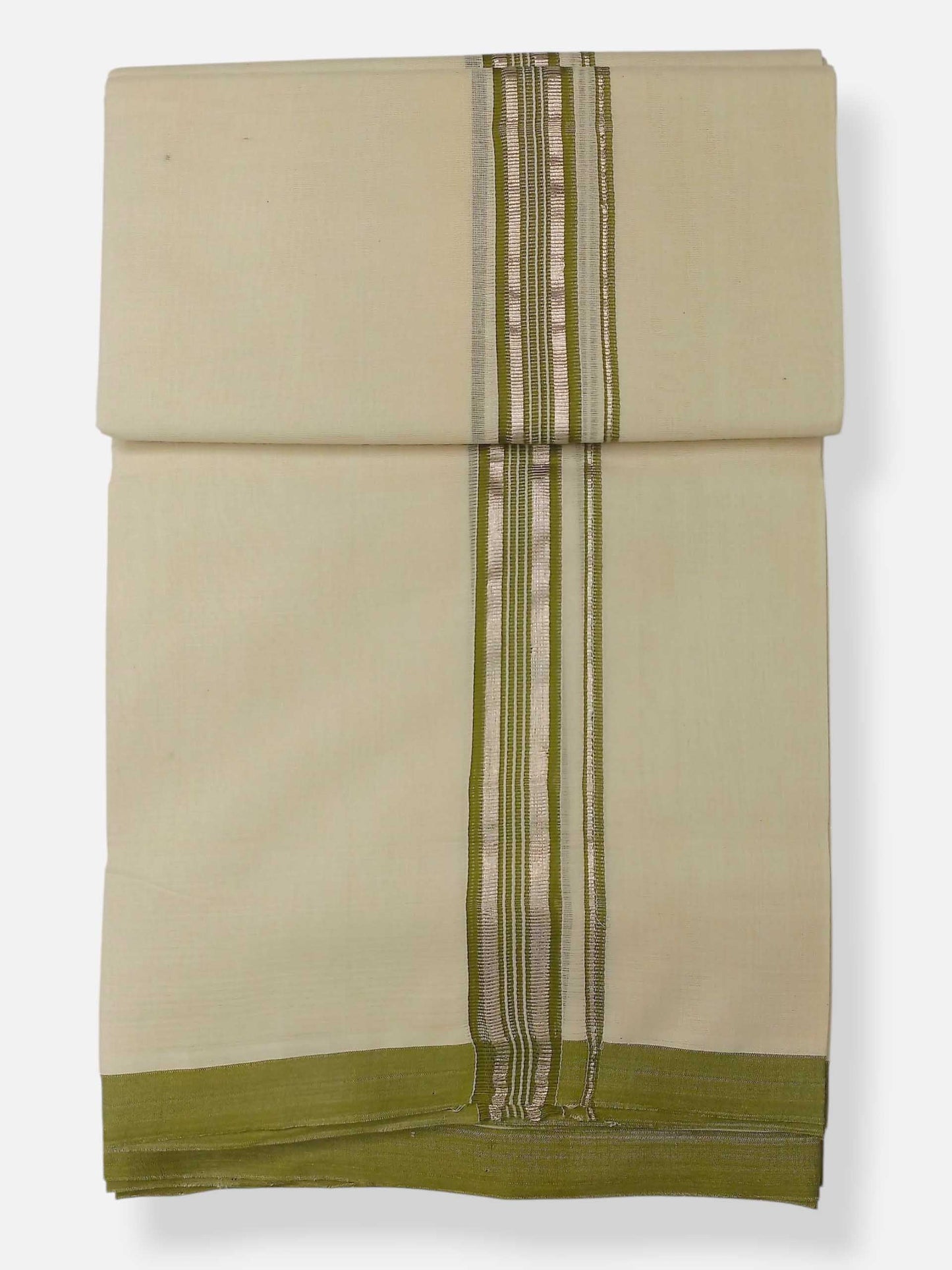 Balaramapuram Handloom Double Mundu Pure Cotton with Olive Green Border