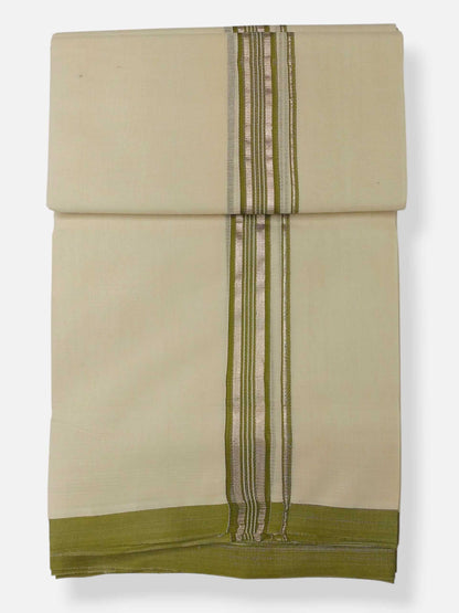 Balaramapuram Handloom Double Mundu Pure Cotton with Olive Green Border