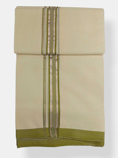 Balaramapuram Handloom Double Mundu Pure Cotton with Olive Green Border