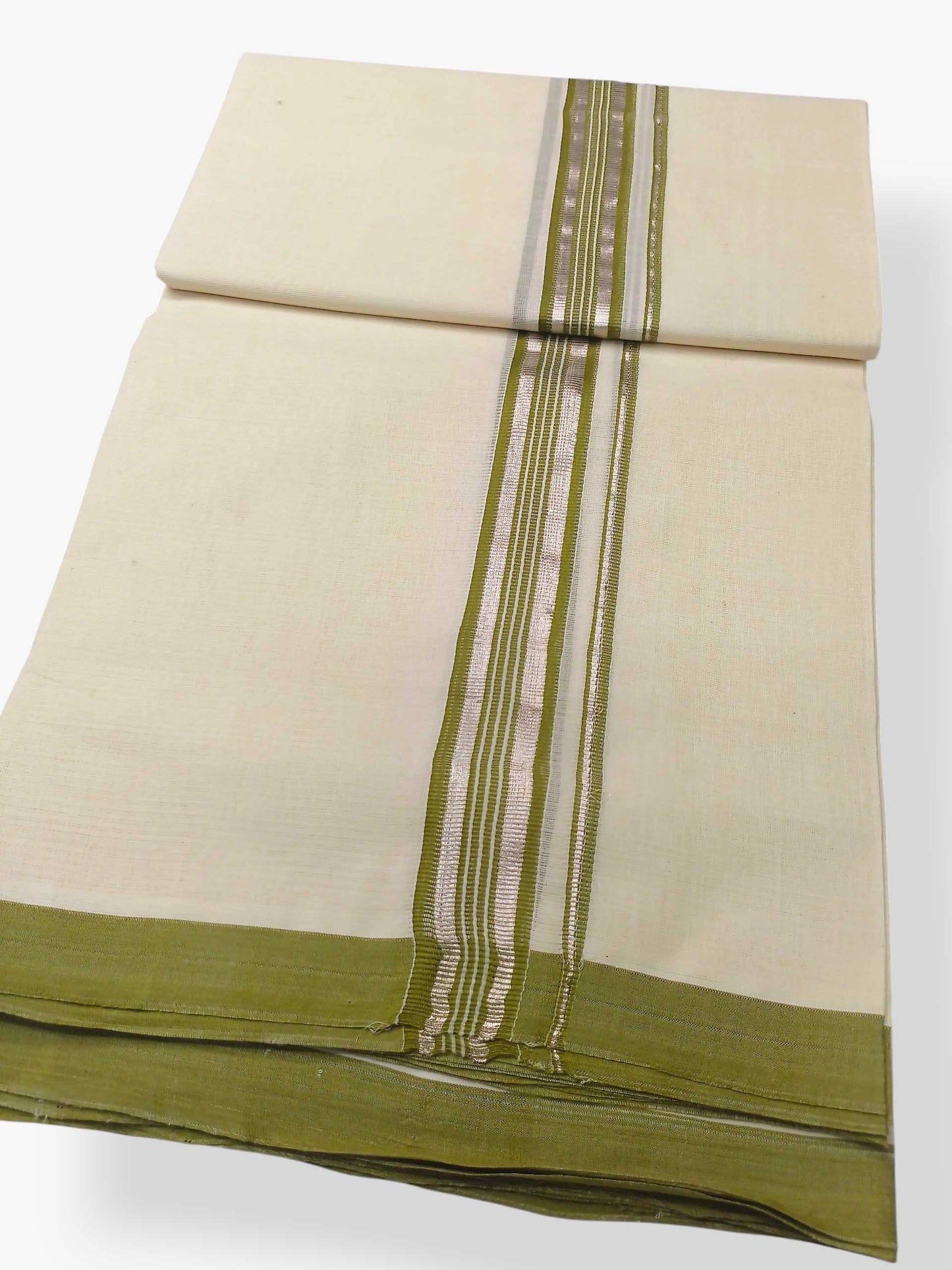 Balaramapuram Handloom Double Mundu Pure Cotton with Olive Green Border