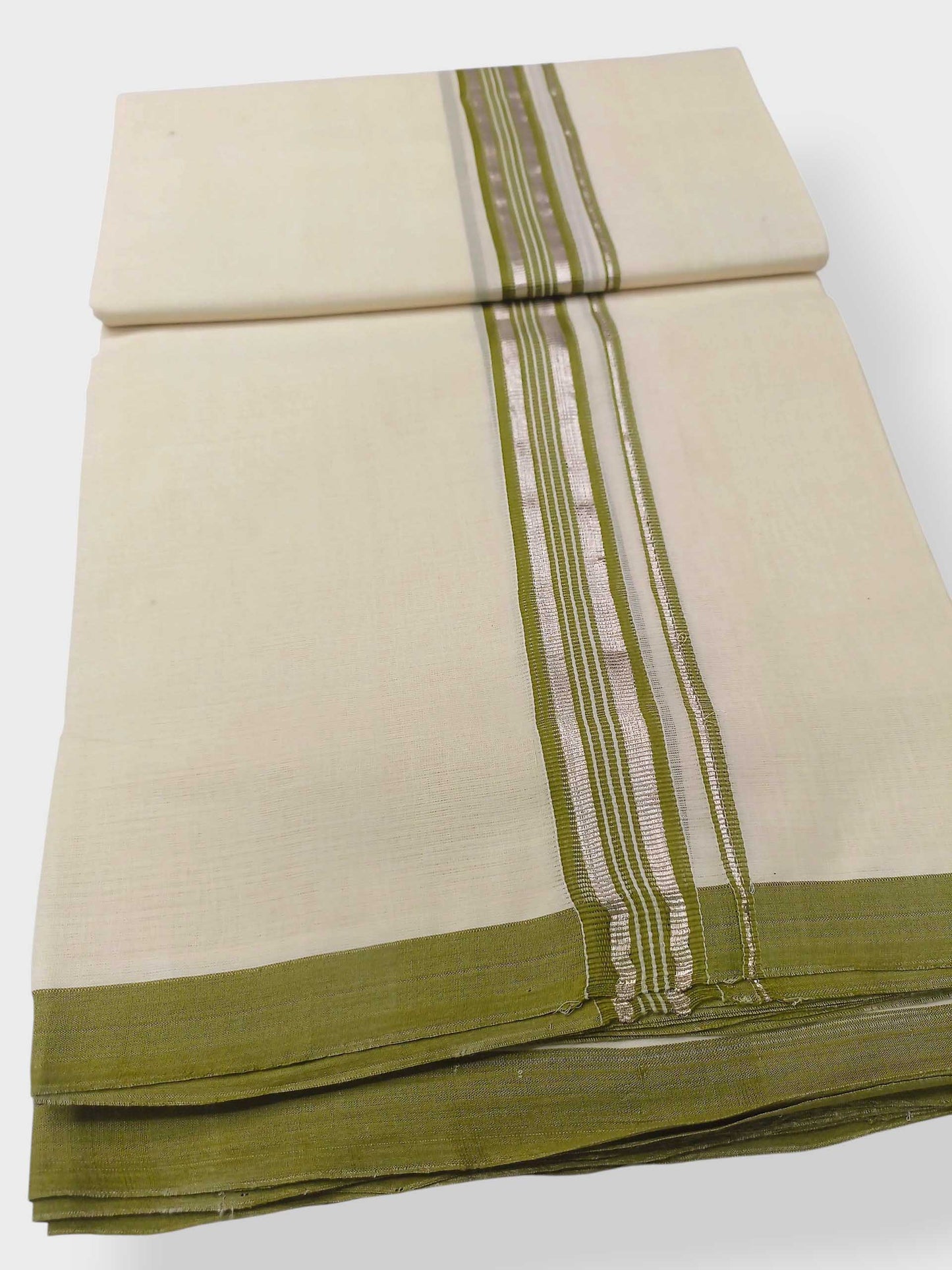 Balaramapuram Handloom Double Mundu Pure Cotton with Olive Green Border