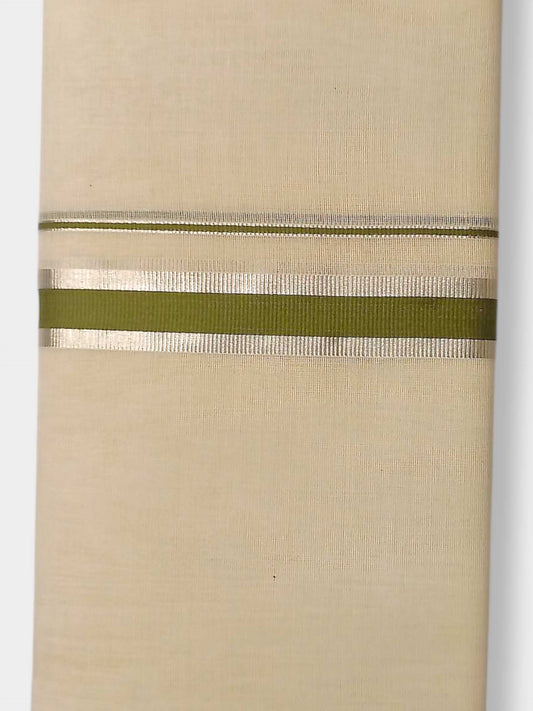 Balaramapuram Handloom Double Mundu Pure Cotton with Olive Green Border