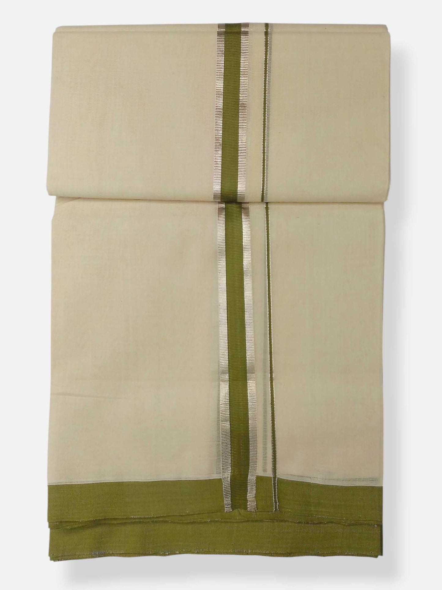 Balaramapuram Handloom Double Mundu Pure Cotton with Olive Green Border