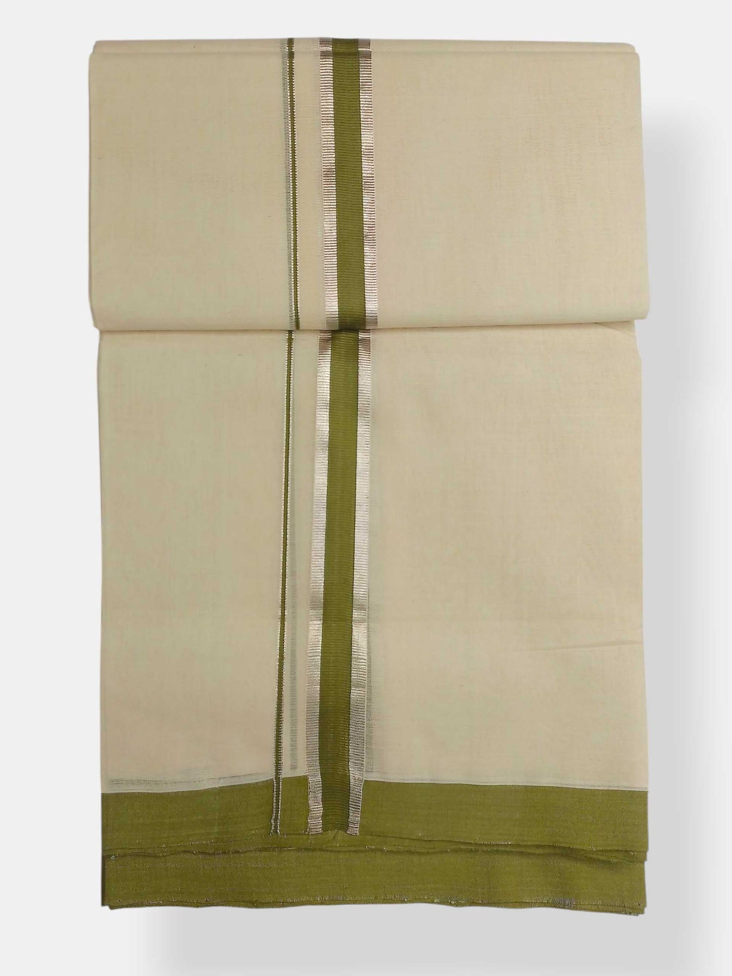 Balaramapuram Handloom Double Mundu Pure Cotton with Olive Green Border