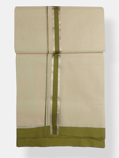 Balaramapuram Handloom Double Mundu Pure Cotton with Olive Green Border
