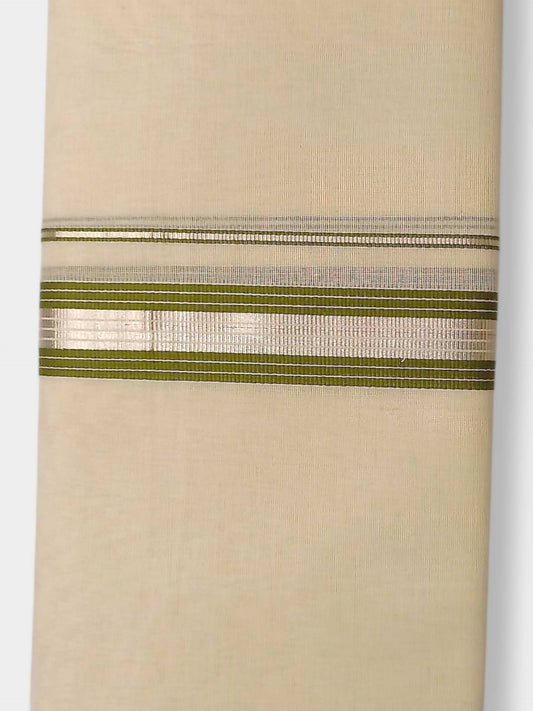 Balaramapuram Handloom Double Mundu Pure Cotton with Olive Green Border