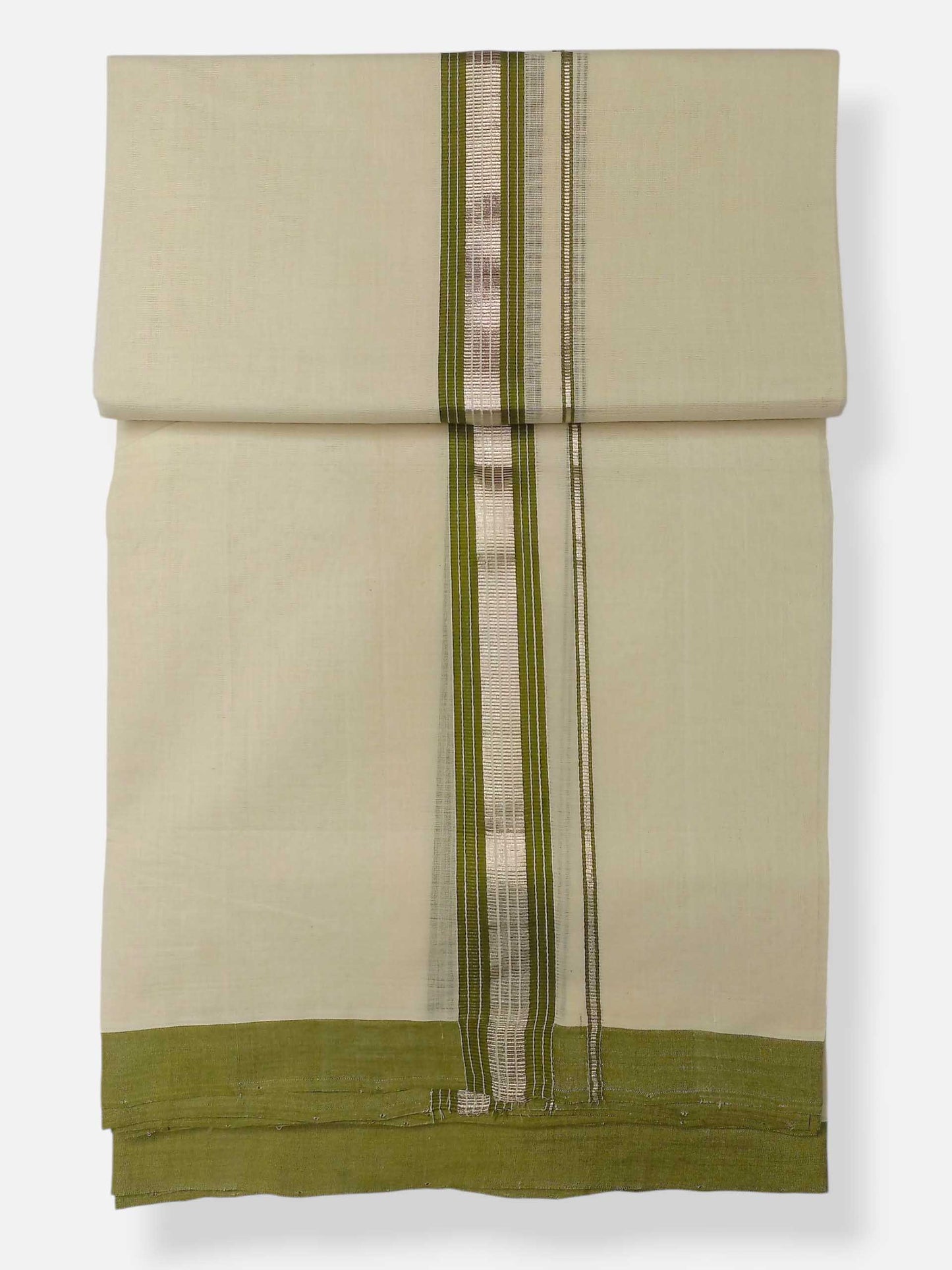 Balaramapuram Handloom Double Mundu Pure Cotton with Olive Green Border