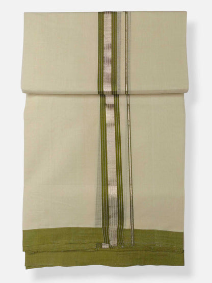 Balaramapuram Handloom Double Mundu Pure Cotton with Olive Green Border