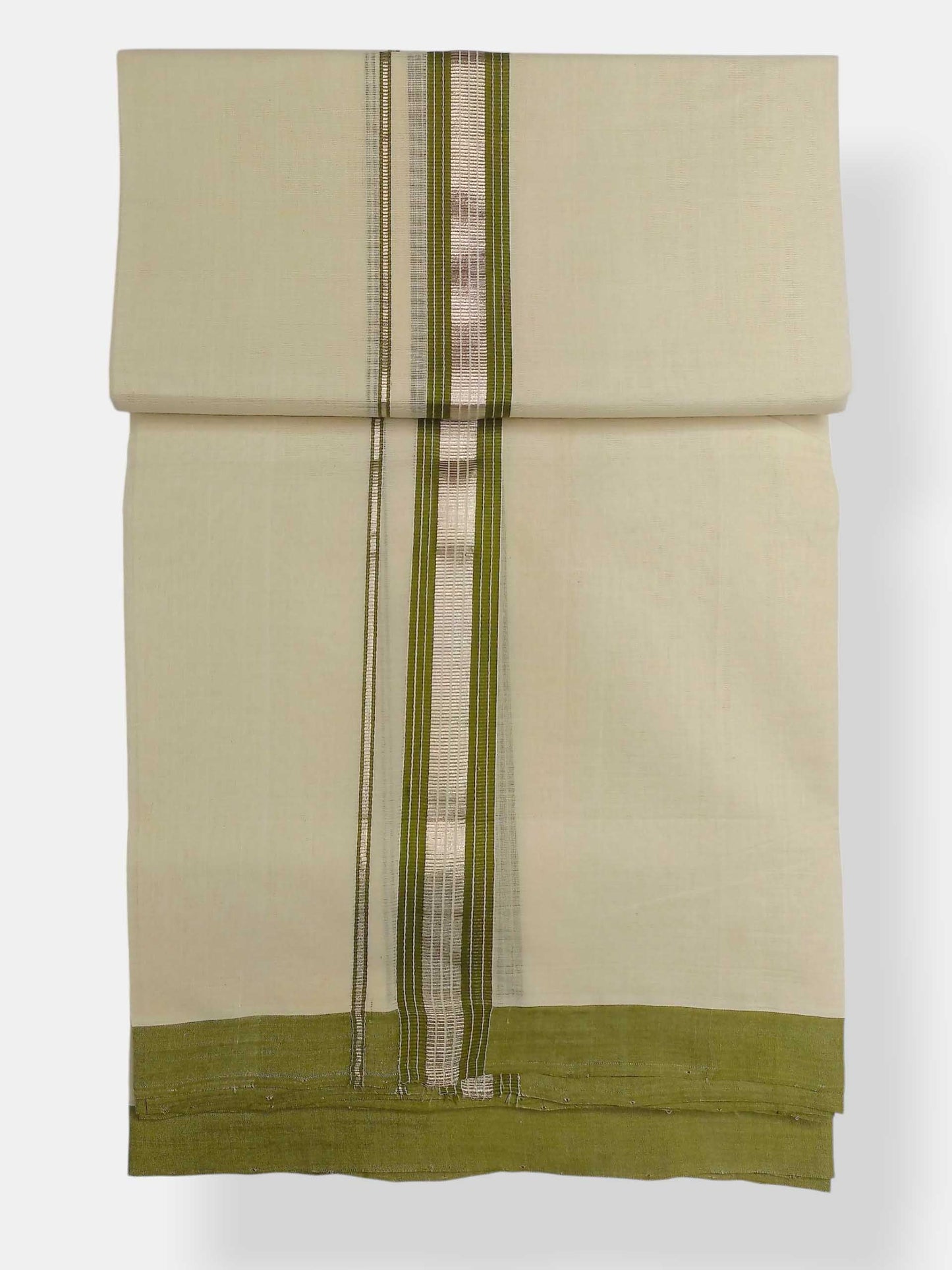 Balaramapuram Handloom Double Mundu Pure Cotton with Olive Green Border