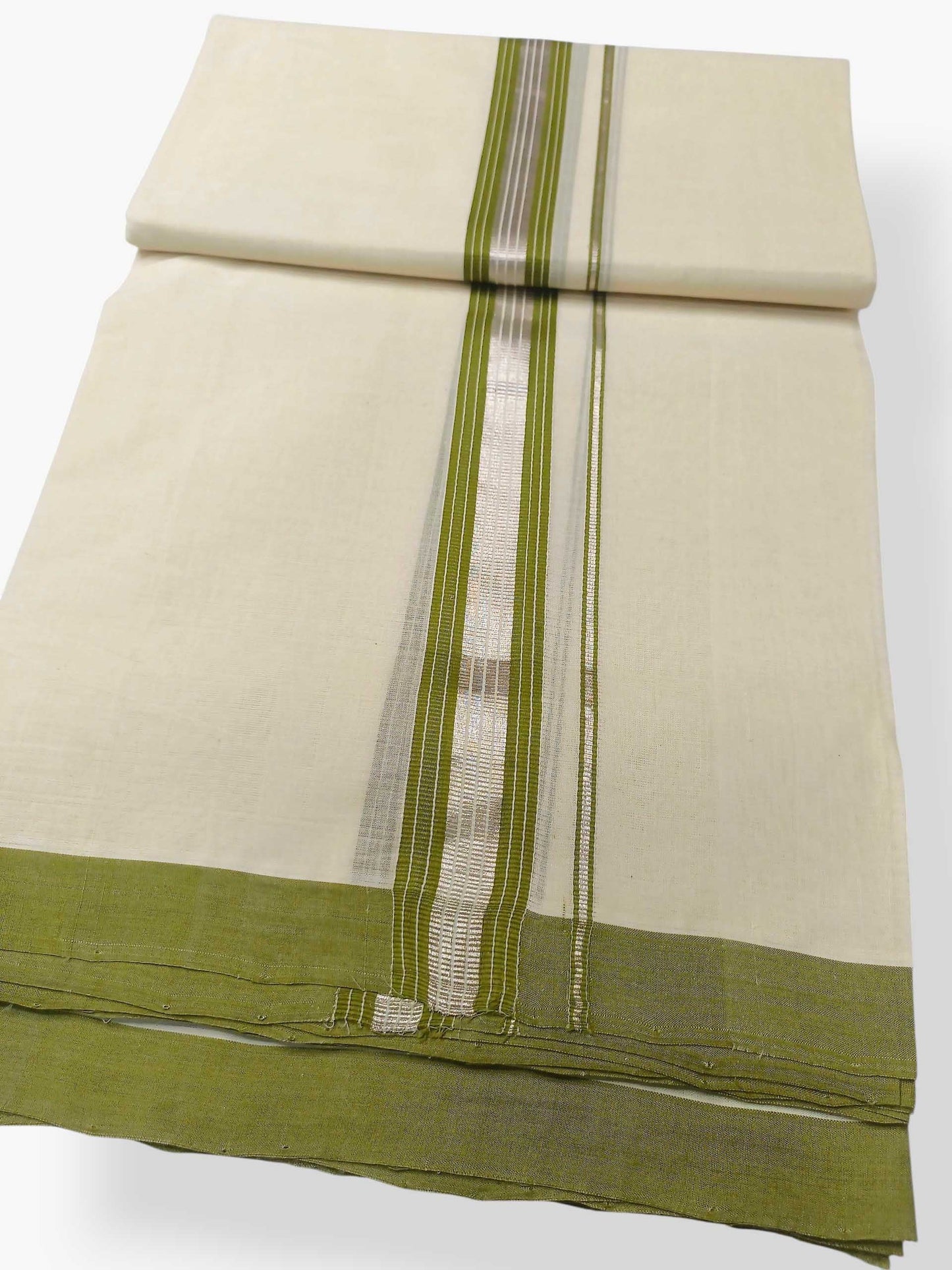 Balaramapuram Handloom Double Mundu Pure Cotton with Olive Green Border