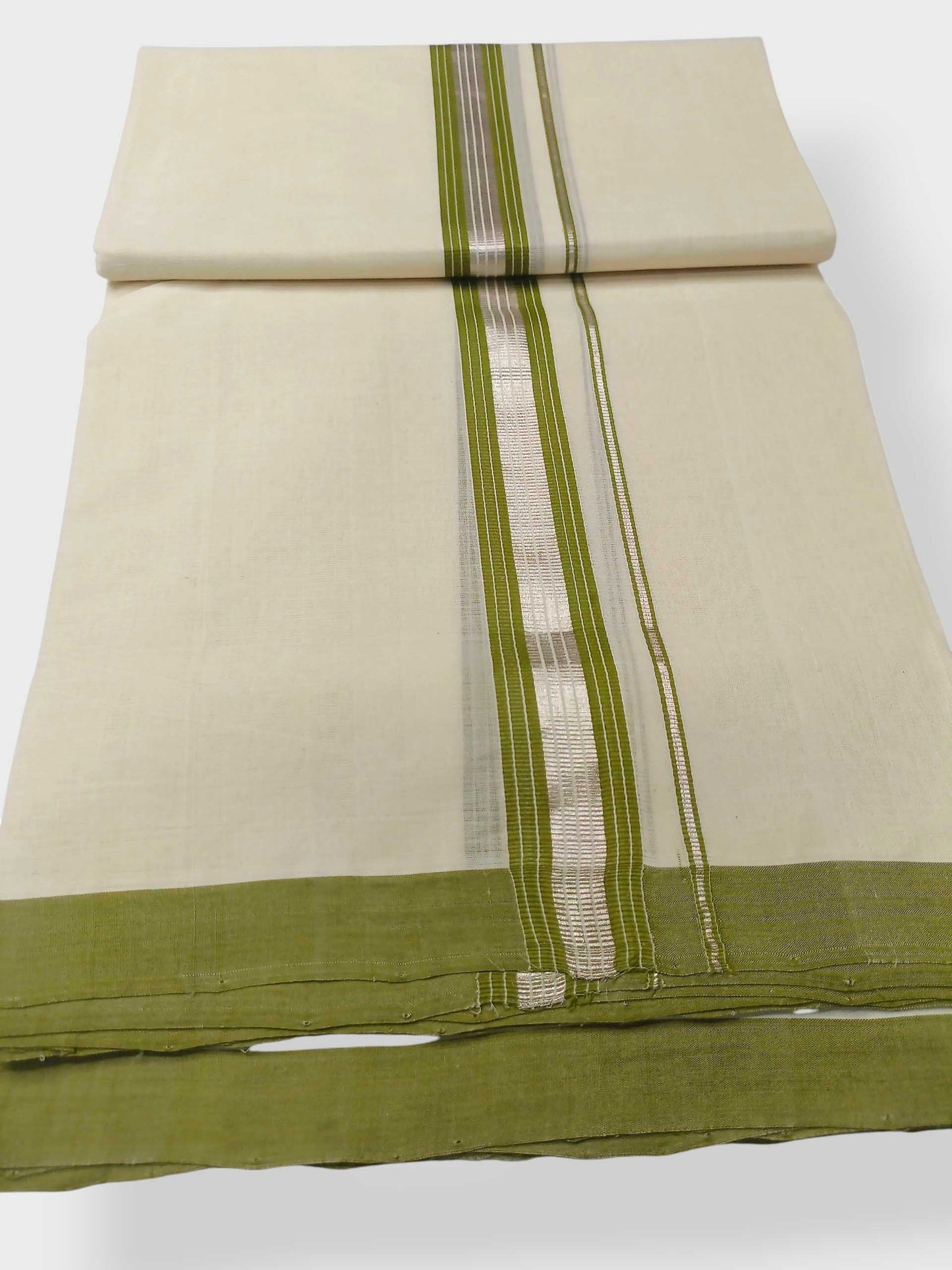 Balaramapuram Handloom Double Mundu Pure Cotton with Olive Green Border
