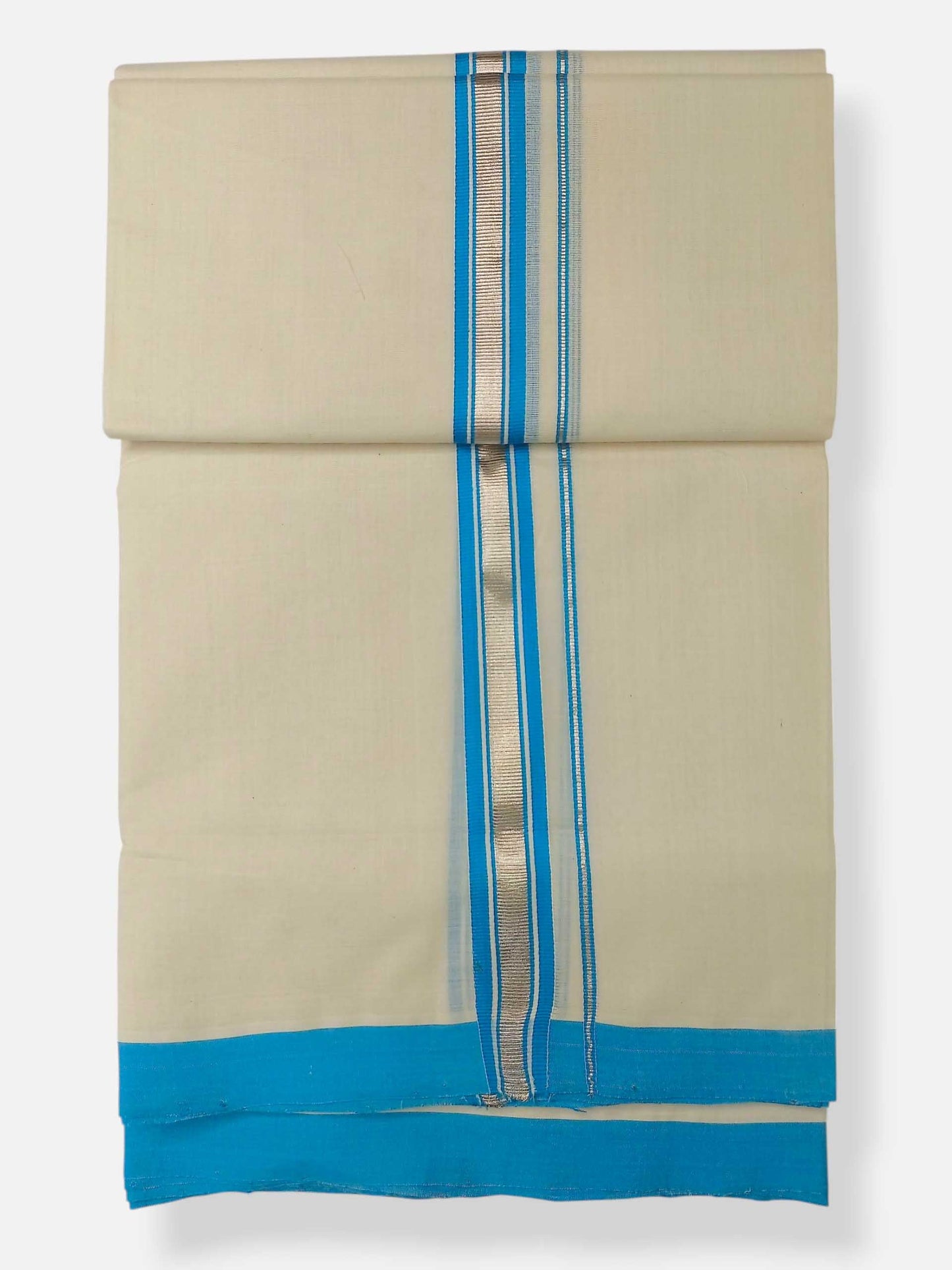 Balaramapuram Handloom Double Mundu Pure Cotton with SkyBlue Border