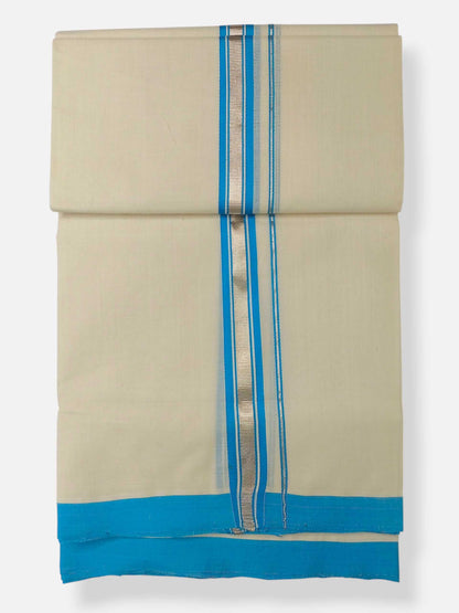 Balaramapuram Handloom Double Mundu Pure Cotton with SkyBlue Border