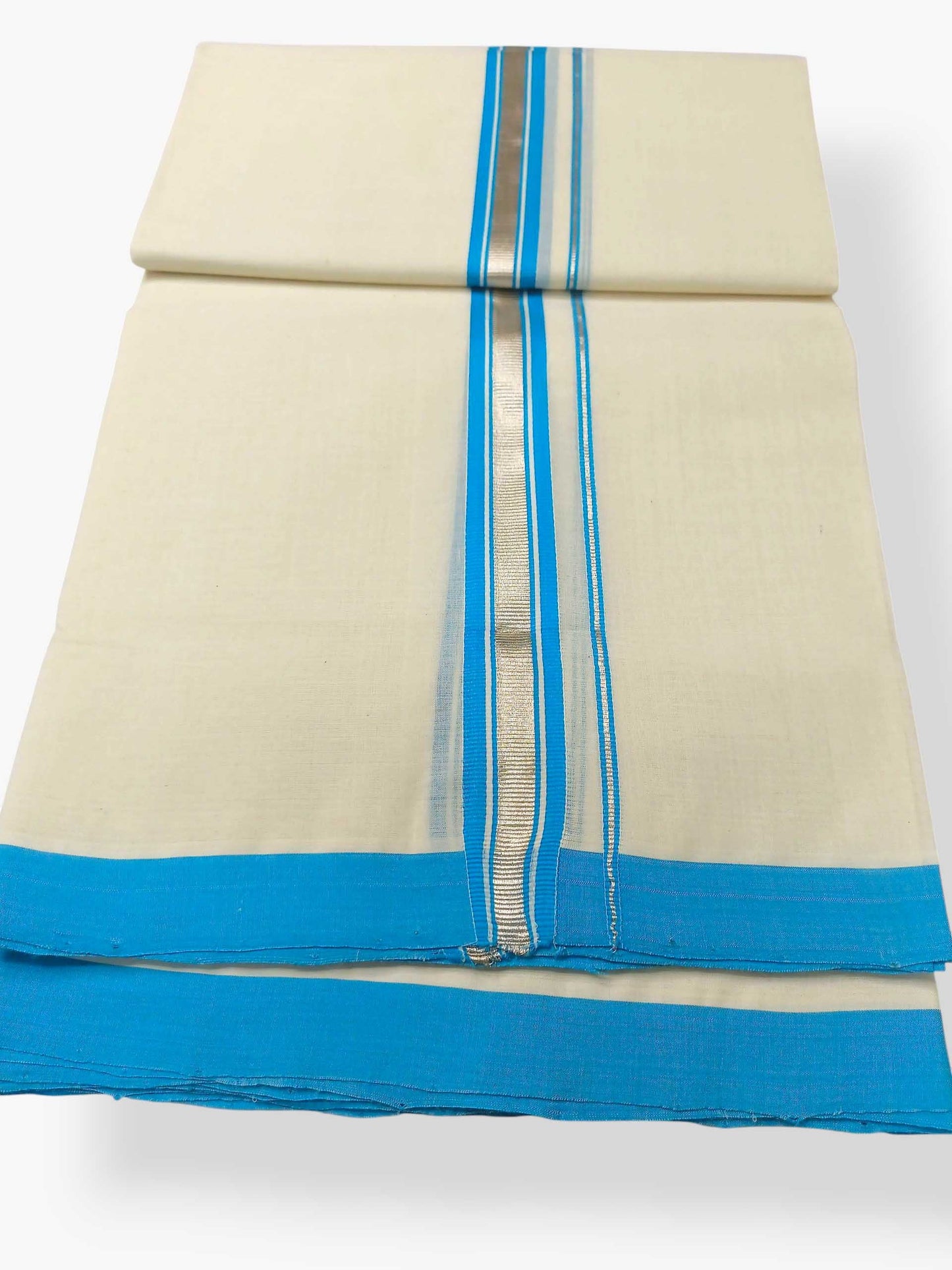Balaramapuram Handloom Double Mundu Pure Cotton with SkyBlue Border