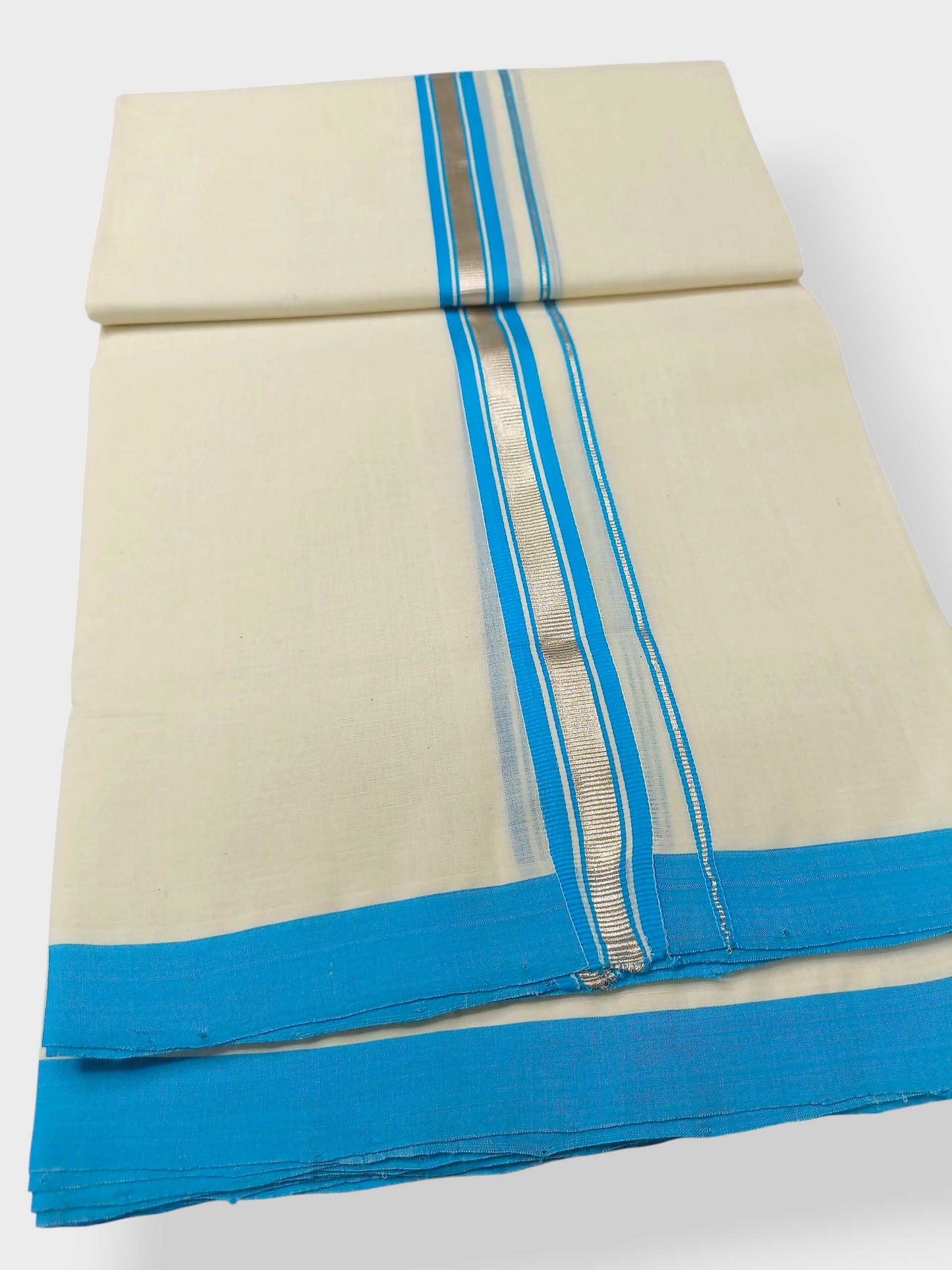 Balaramapuram Handloom Double Mundu Pure Cotton with SkyBlue Border
