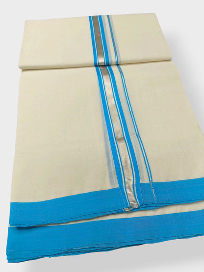 Balaramapuram Handloom Double Mundu Pure Cotton with SkyBlue Border