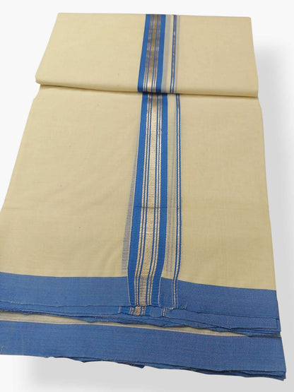Balaramapuram Handloom Double Mundu Pure Cotton with Blue Border