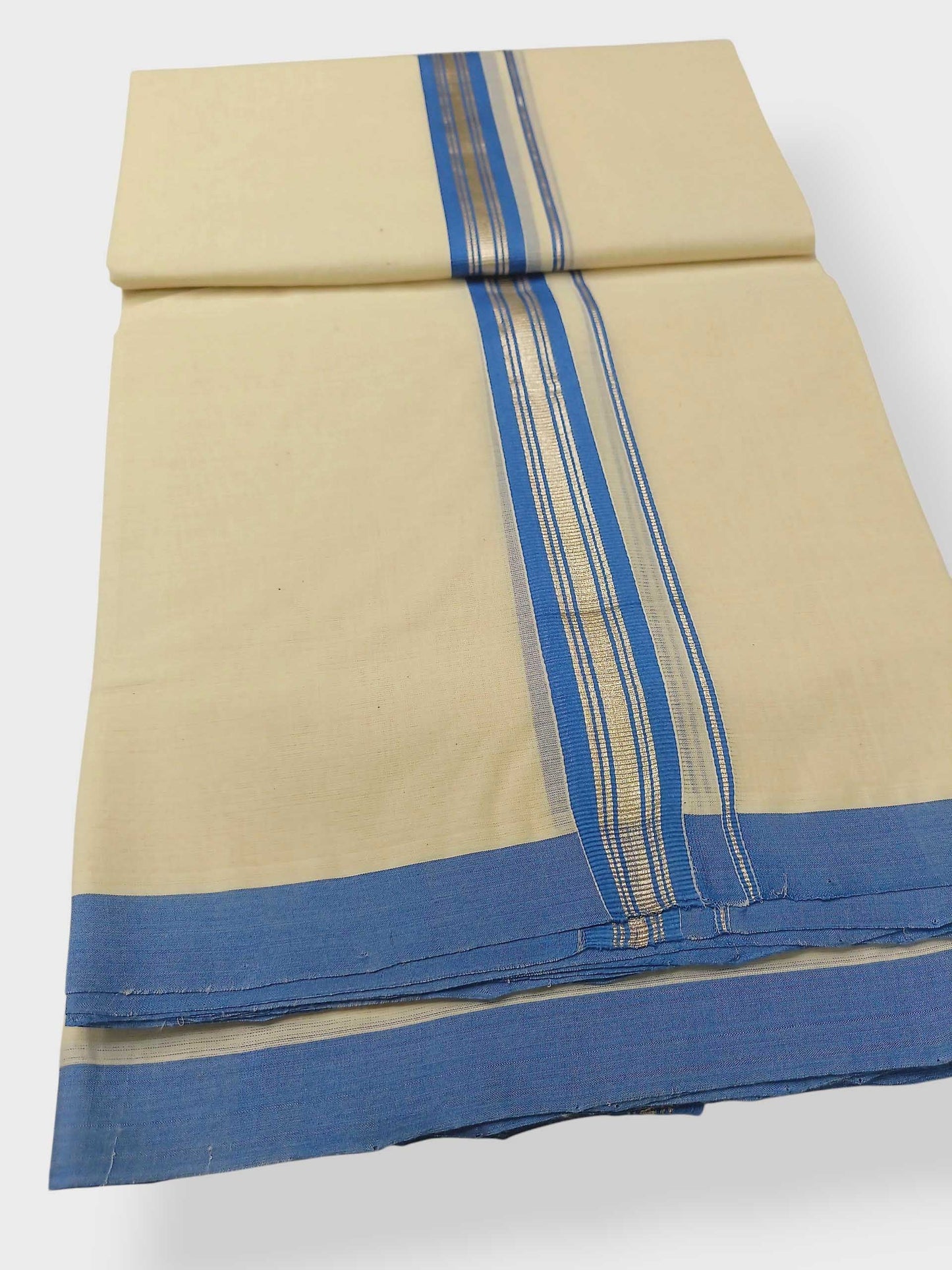 Balaramapuram Handloom Double Mundu Pure Cotton with Blue Border