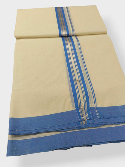 Balaramapuram Handloom Double Mundu Pure Cotton with Blue Border