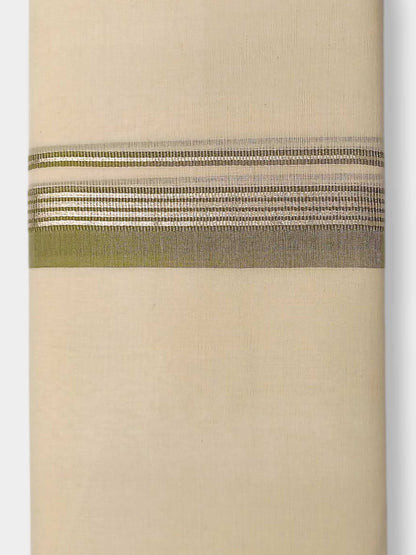 Balaramapuram Handloom Double Mundu Pure Cotton with Olive Green Border