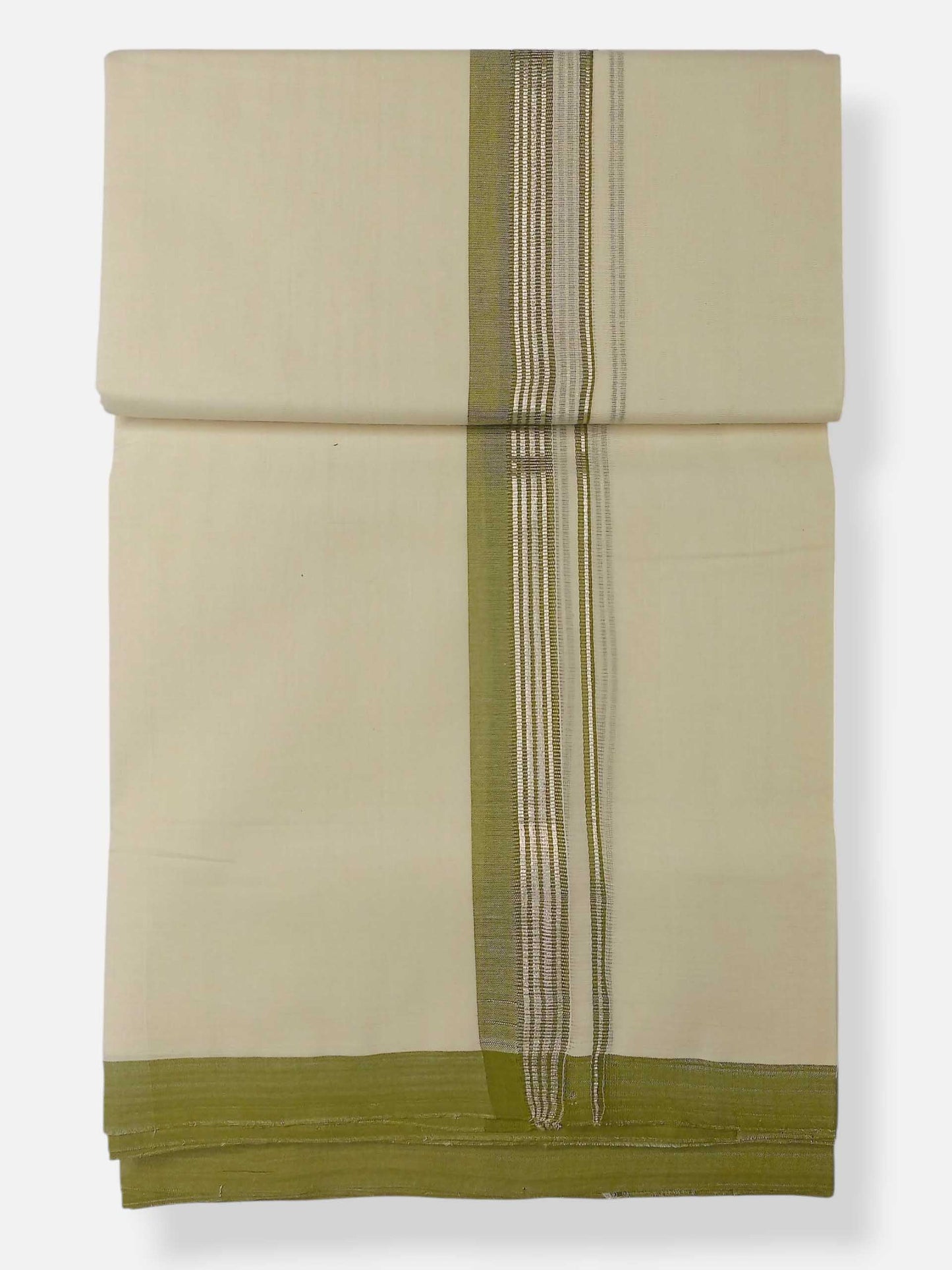 Balaramapuram Handloom Double Mundu Pure Cotton with Olive Green Border