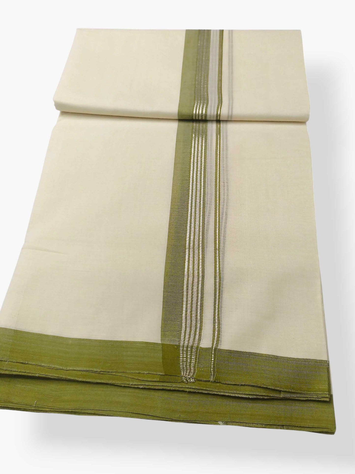 Balaramapuram Handloom Double Mundu Pure Cotton with Olive Green Border
