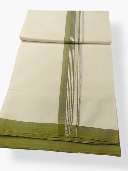 Balaramapuram Handloom Double Mundu Pure Cotton with Olive Green Border
