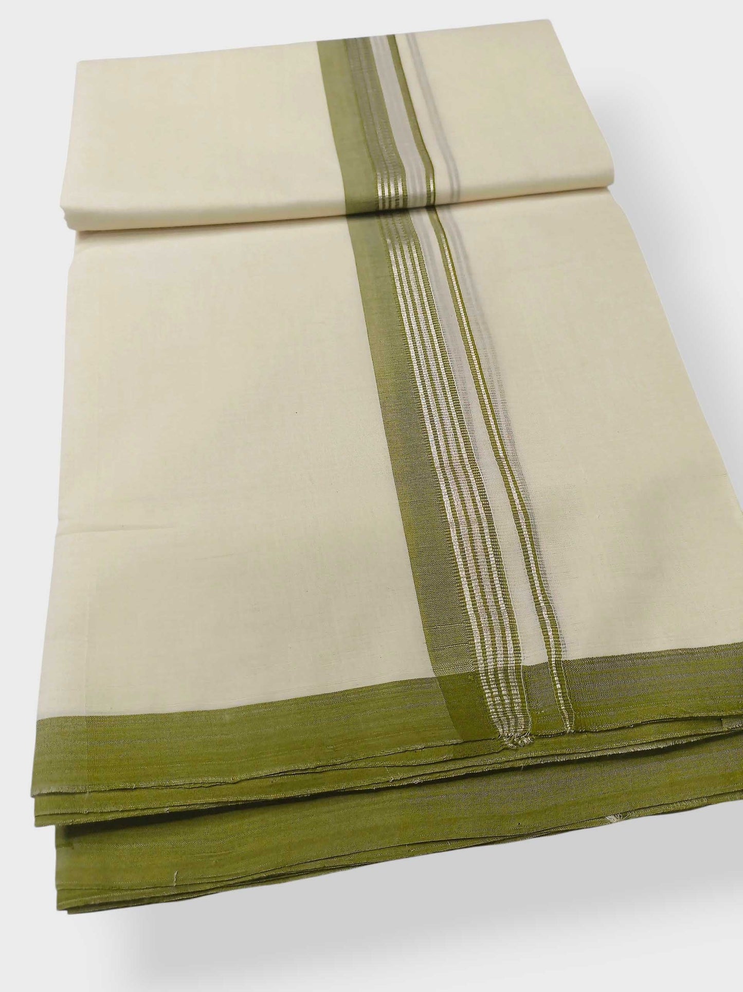 Balaramapuram Handloom Double Mundu Pure Cotton with Olive Green Border