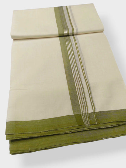 Balaramapuram Handloom Double Mundu Pure Cotton with Olive Green Border