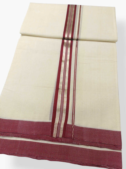 Balaramapuram Handloom Double Mundu Pure Cotton with Maroon Design