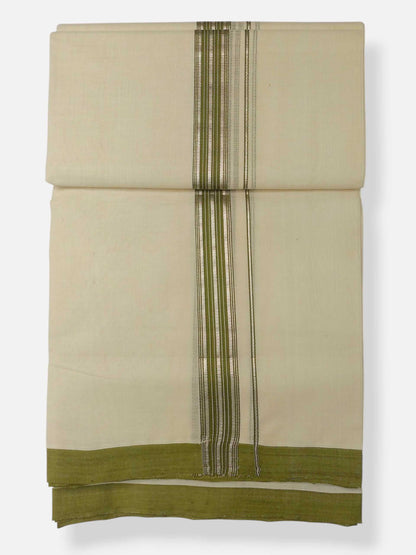 Balaramapuram Handloom Double Mundu Pure Cotton with Olive Green Border